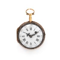 GILT-METAL, PASTE AND ENAMEL OPEN FACE POCKET WATCH