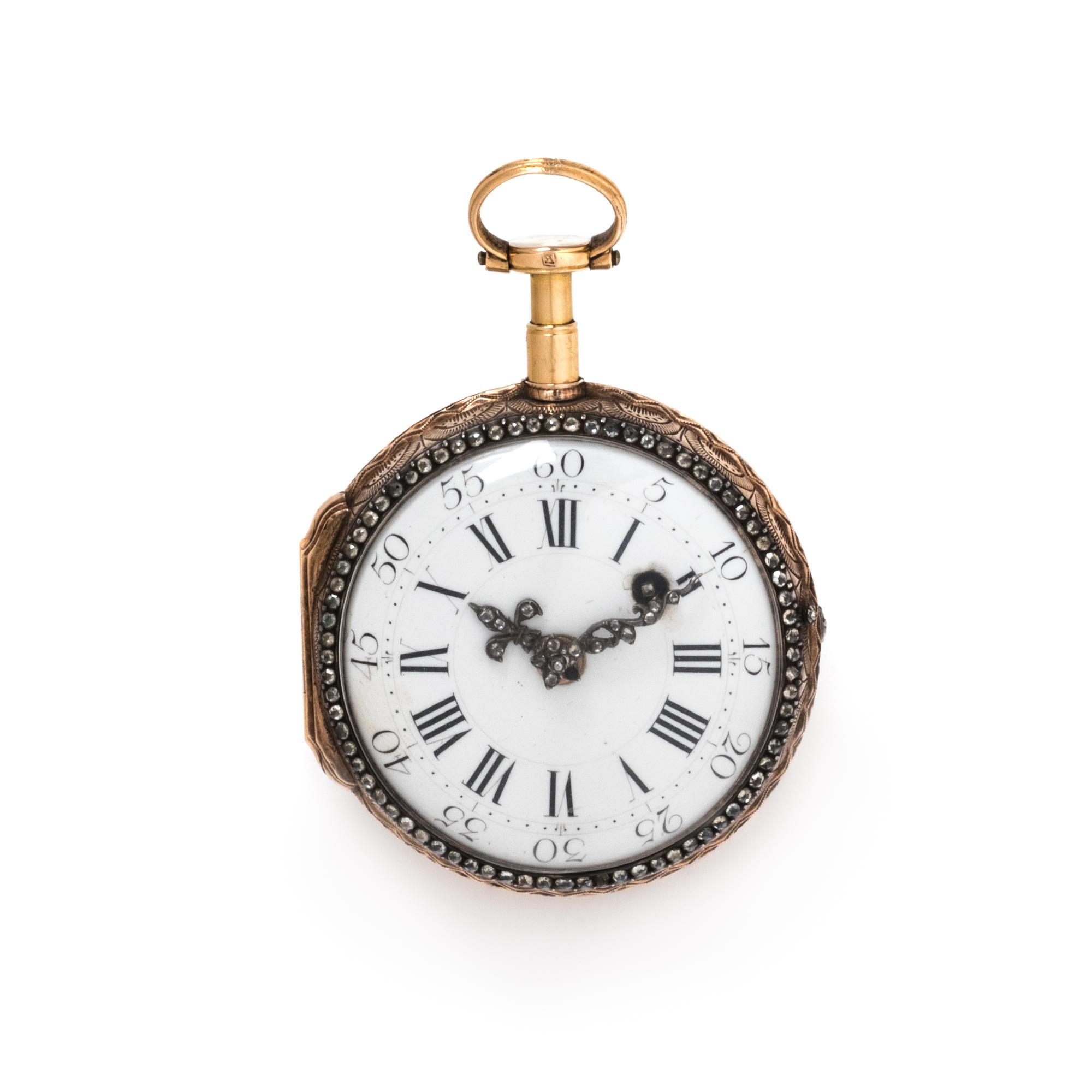 GILT-METAL, PASTE AND ENAMEL OPEN FACE POCKET WATCH