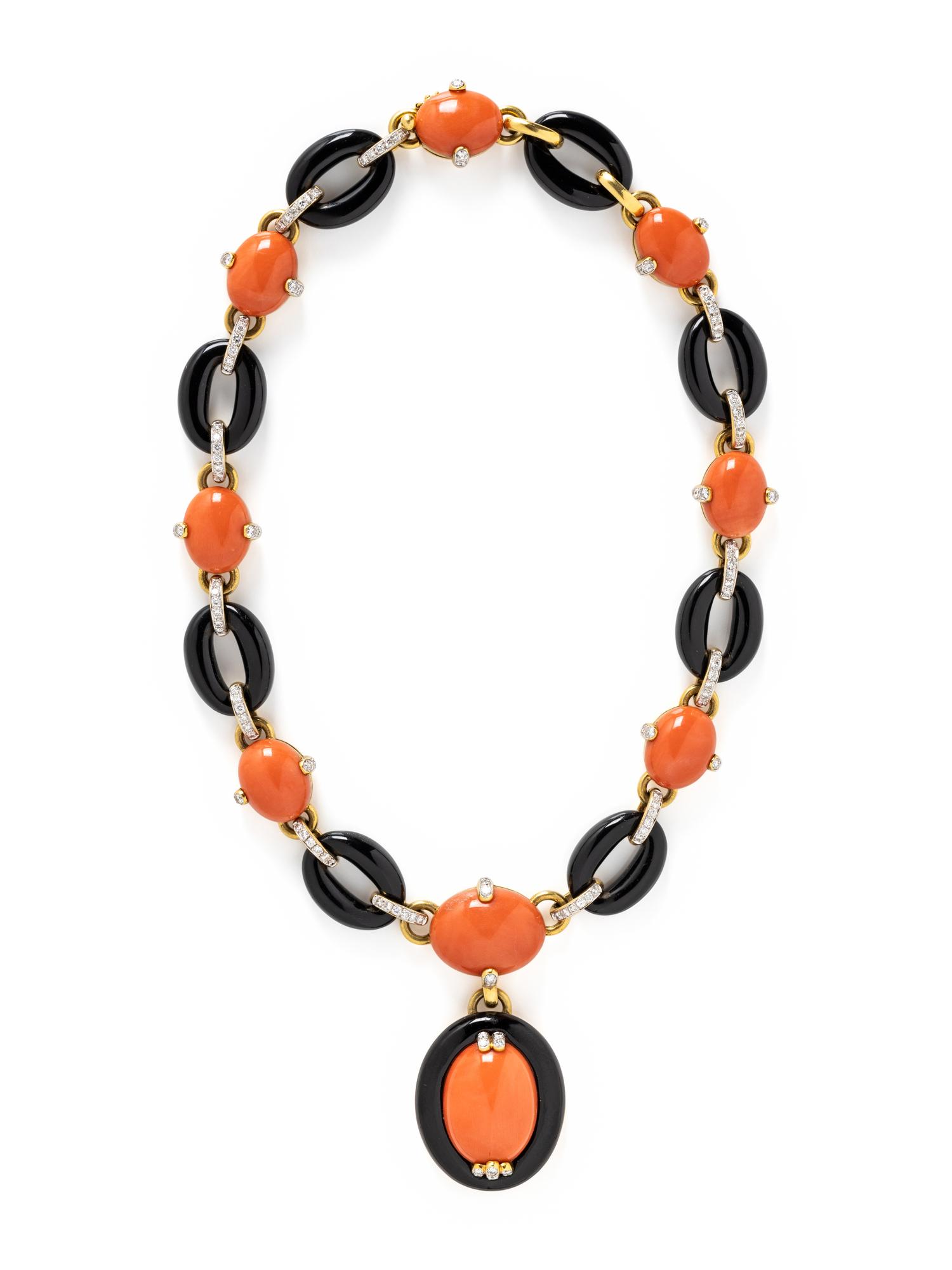 CORAL, ONYX, AND DIAMOND NECKLACE