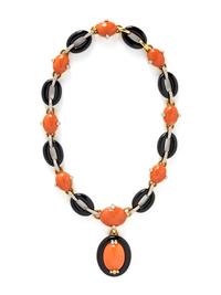 CORAL, ONYX, AND DIAMOND NECKLACE