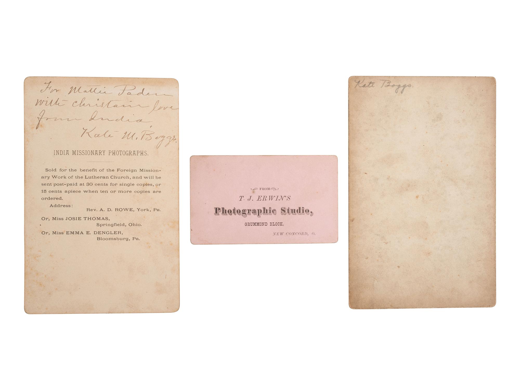 [EARLY PHOTOGRAHY]. 3 images of Miss Kate M. Boggs, first Lutheran foreign female missionary.