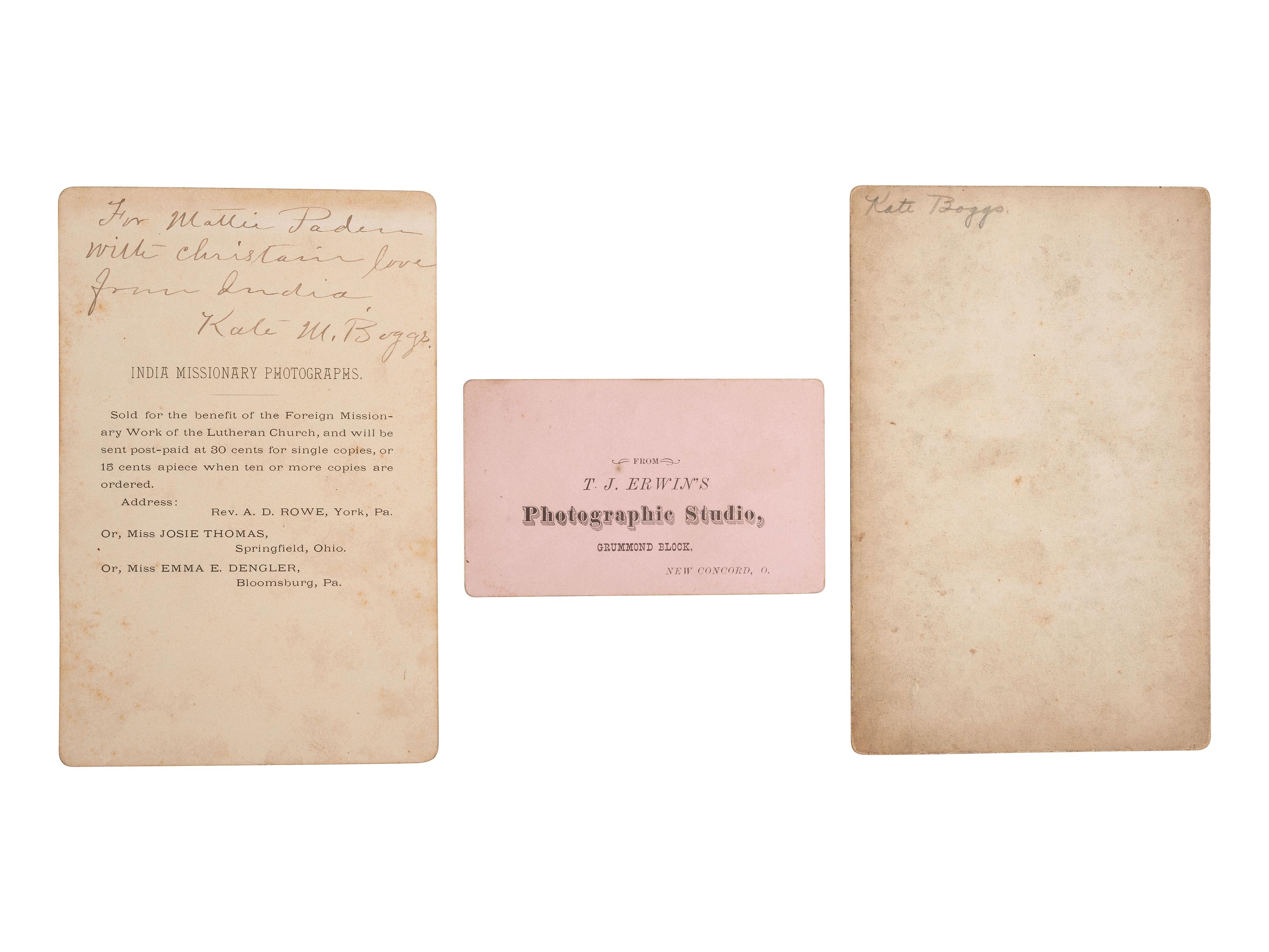 [EARLY PHOTOGRAHY]. 3 images of Miss Kate M. Boggs, first Lutheran foreign female missionary.