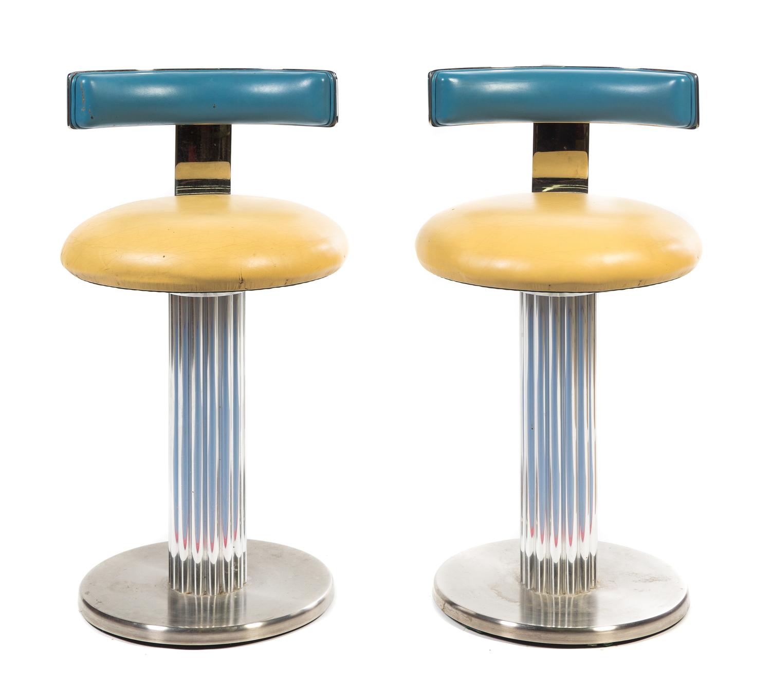 A Pair of Custom Leather Upholstered Bar Stools Height 34 inches.