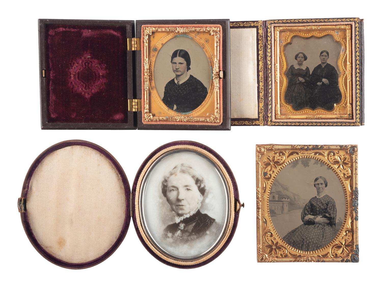 [EARLY PHOTOGRAPHY]. A group of 20 assorted portraits of women of varying ages, highlighted by half plate daguerreotype of two women, possibly sisters.