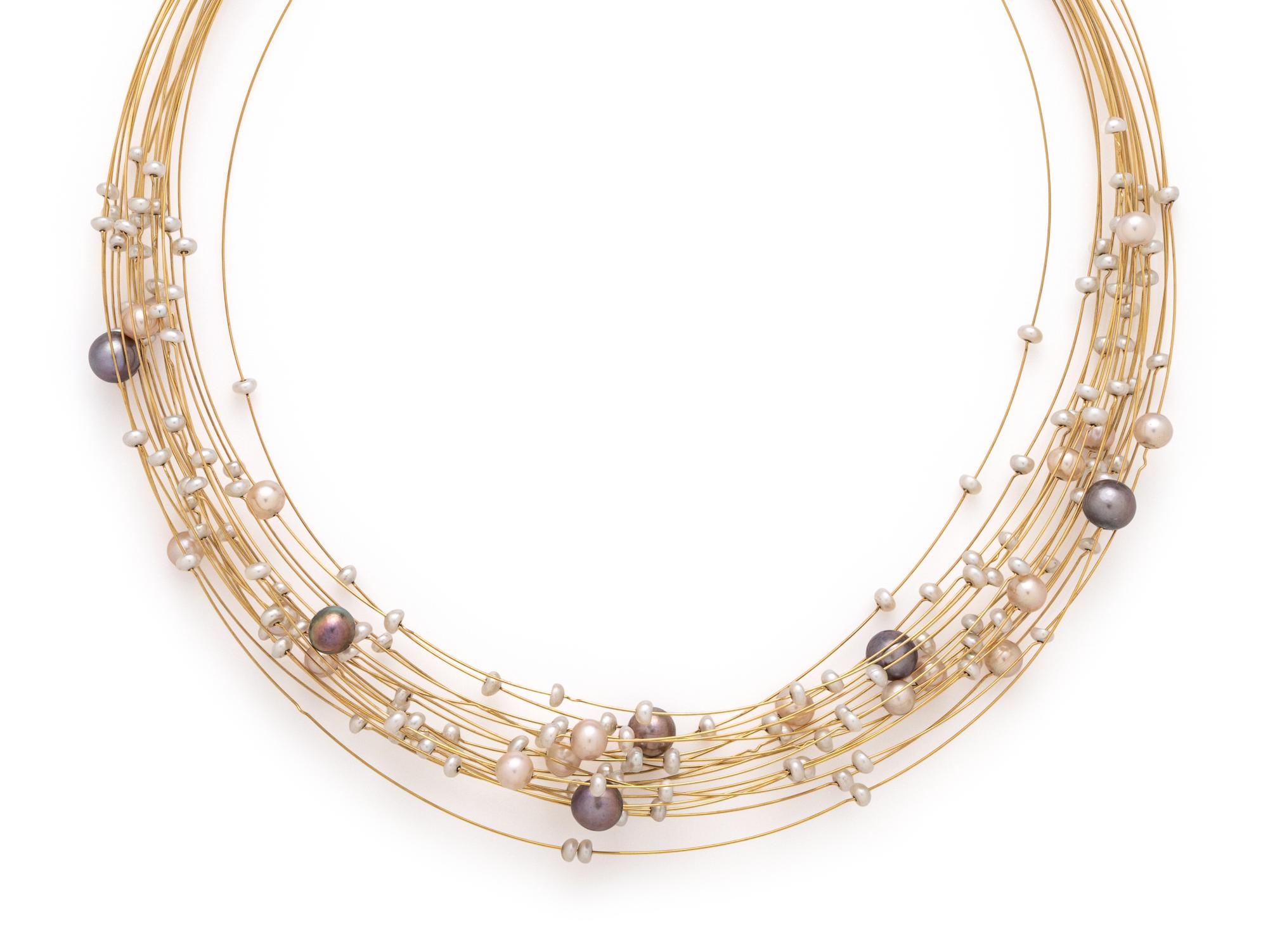 YELLOW GOLD AND CULTURED PEARL MULTISTRAND TORQUE NECKLACE