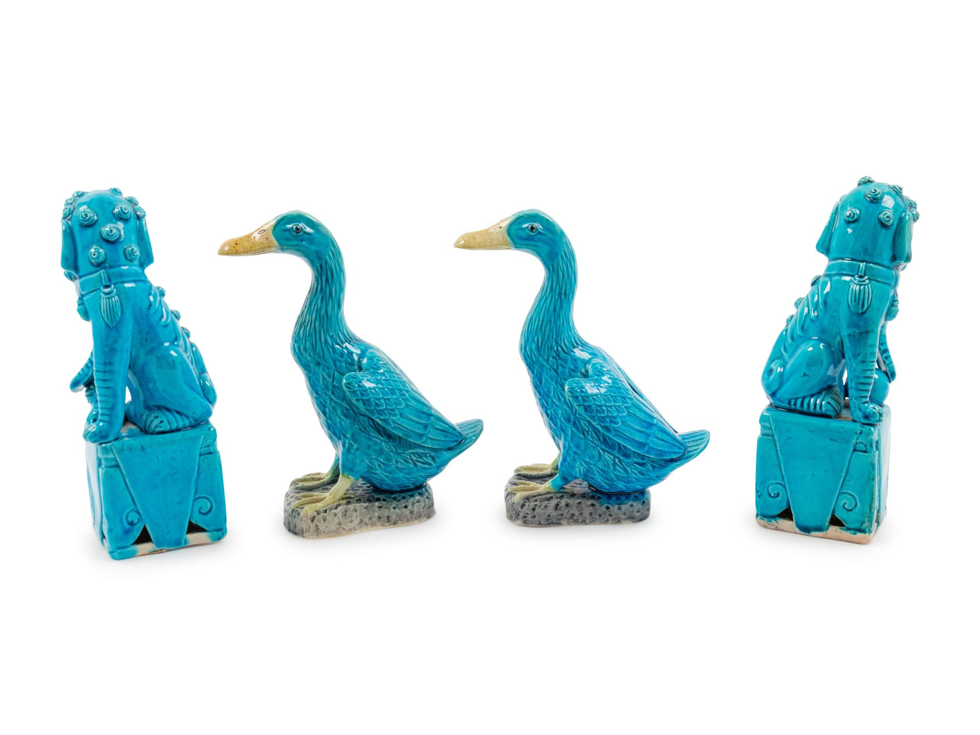 Two Pairs of Chinese Turquoise Glazed Porcelain Figures of Animals