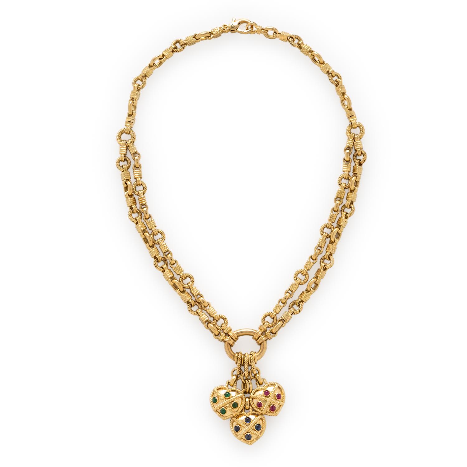 EMERALD, SAPPHIRE, RUBY, AND YELLOW GOLD HEART NECKLACE