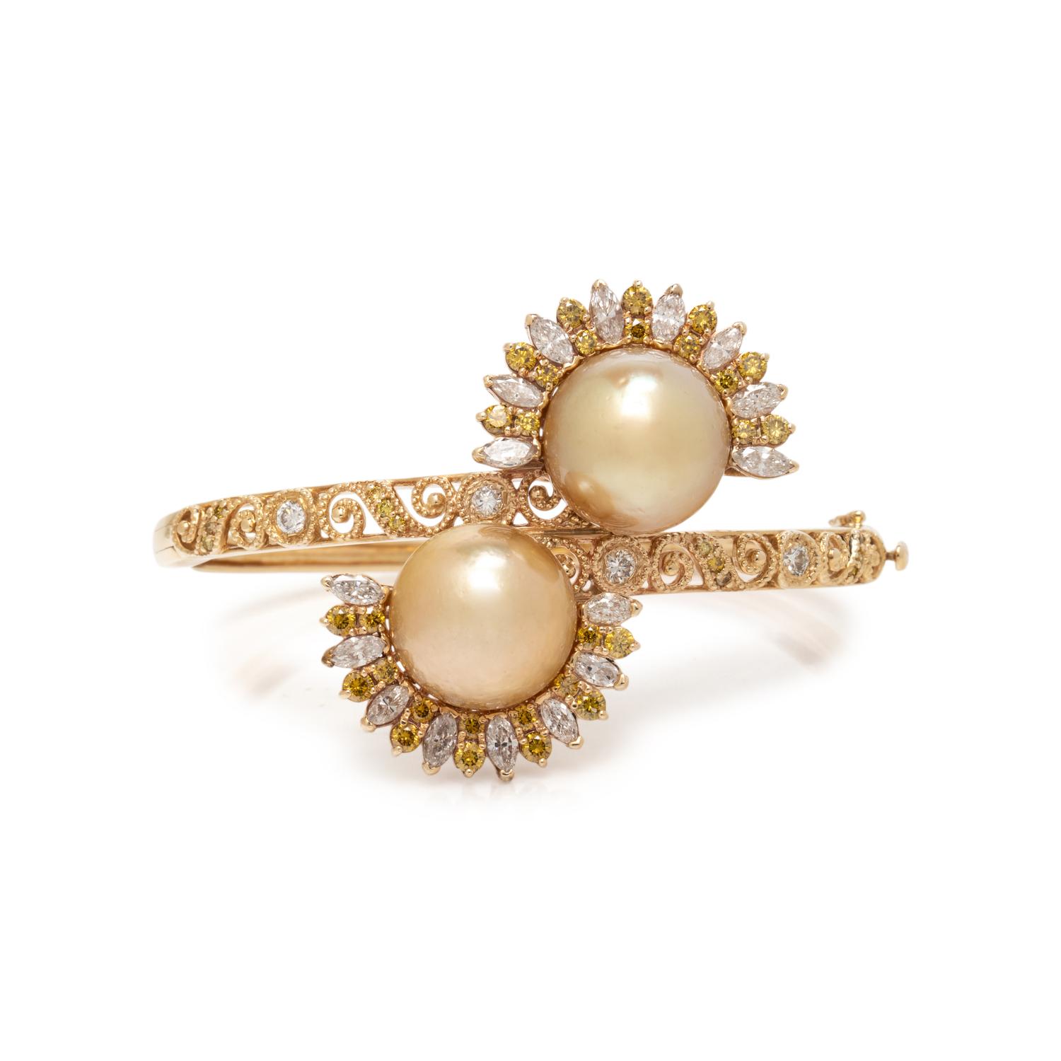 GOLDEN SOUTH SEA CULTURED PEARL, DIAMOND, AND COLORED DIAMOND BANGLE BRACELET
