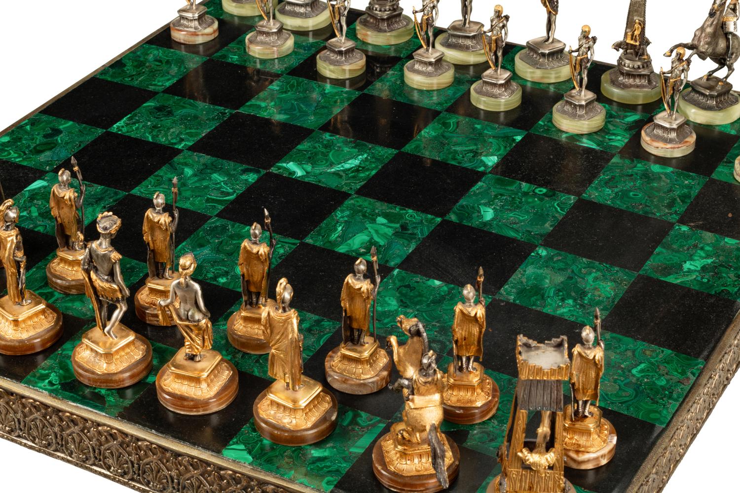 An Italian Gilt and Silvered Bronze Chess Set and Table