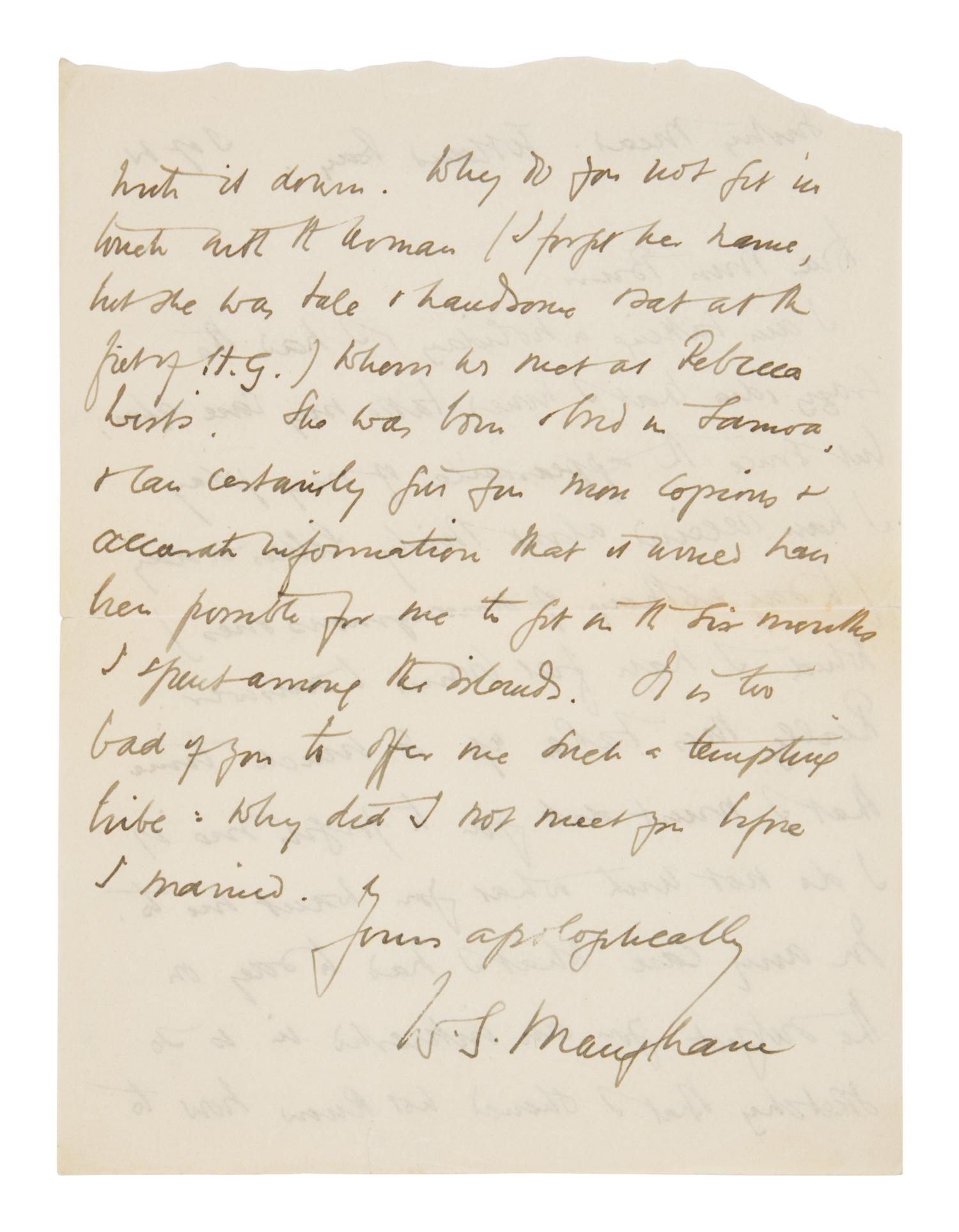 Maugham, W. Somerset (1874-1965). Autograph letter signed ("W.S. Maugham"), to Miss Burr, Sentry Mead, Totland Bay, Island of Wight, August 1920.
