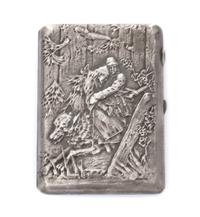 A Ukrainian Silver Cigarette Case, Maker's mark Cyrillic 4YuK, Kiev, of rectangular form, the lid worked to show a man and woman riding
