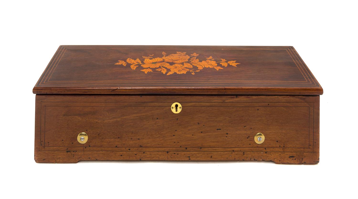 A Swiss Marquetry Cylinder Music Box, Height 5 3/8 x width 20 1/2 x depth 6 3/4 inches.