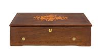 A Swiss Marquetry Cylinder Music Box, Height 5 3/8 x width 20 1/2 x depth 6 3/4 inches.