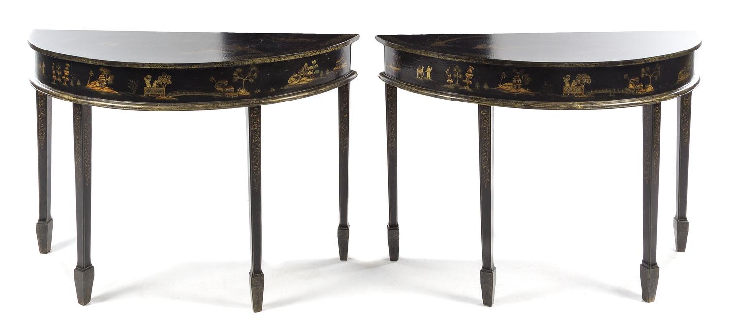 A Pair of Regency Style Painted Console Tables Height 33 1/2 x width 48 x depth 19 inches. — 20TH CENTURY