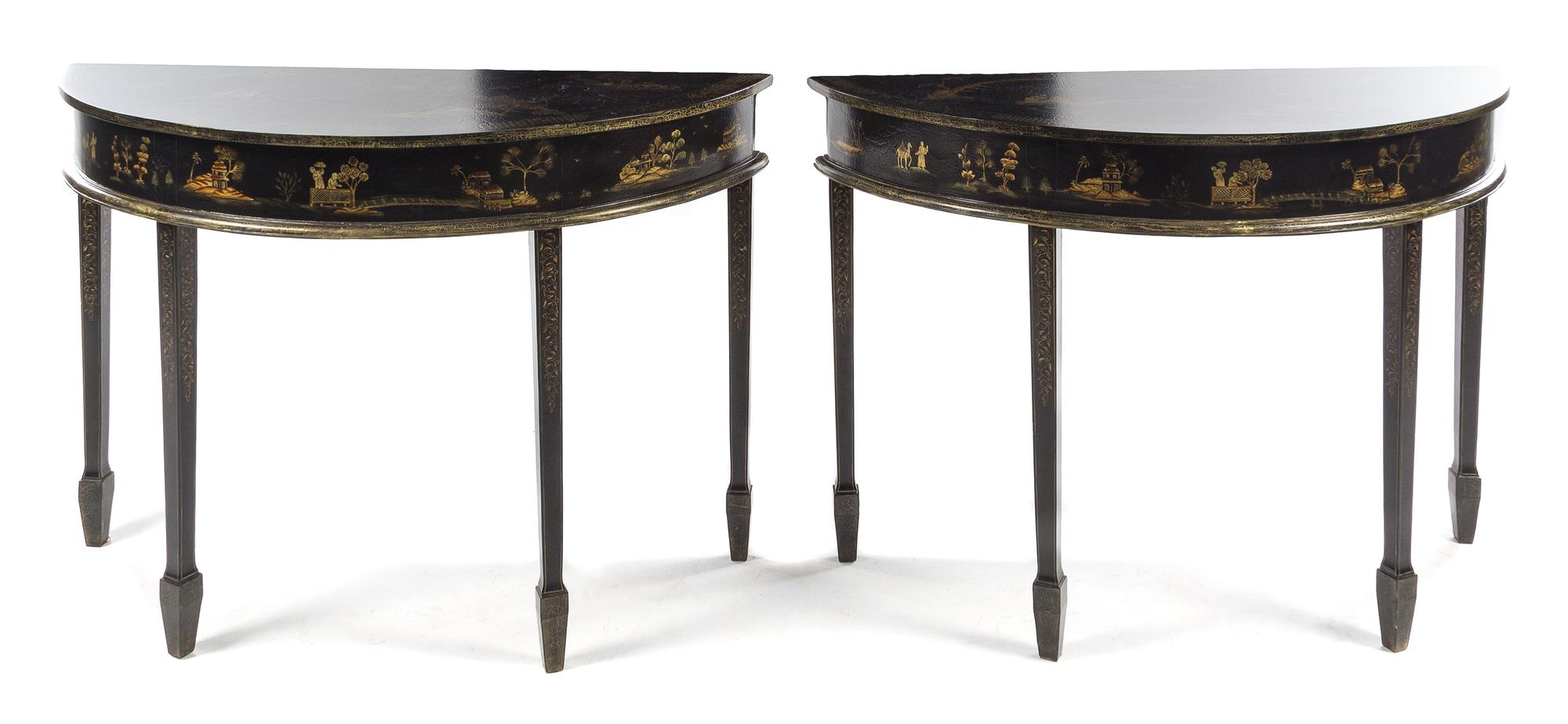 A Pair of Regency Style Painted Console Tables Height 33 1/2 x width 48 x depth 19 inches. — 20TH CENTURY