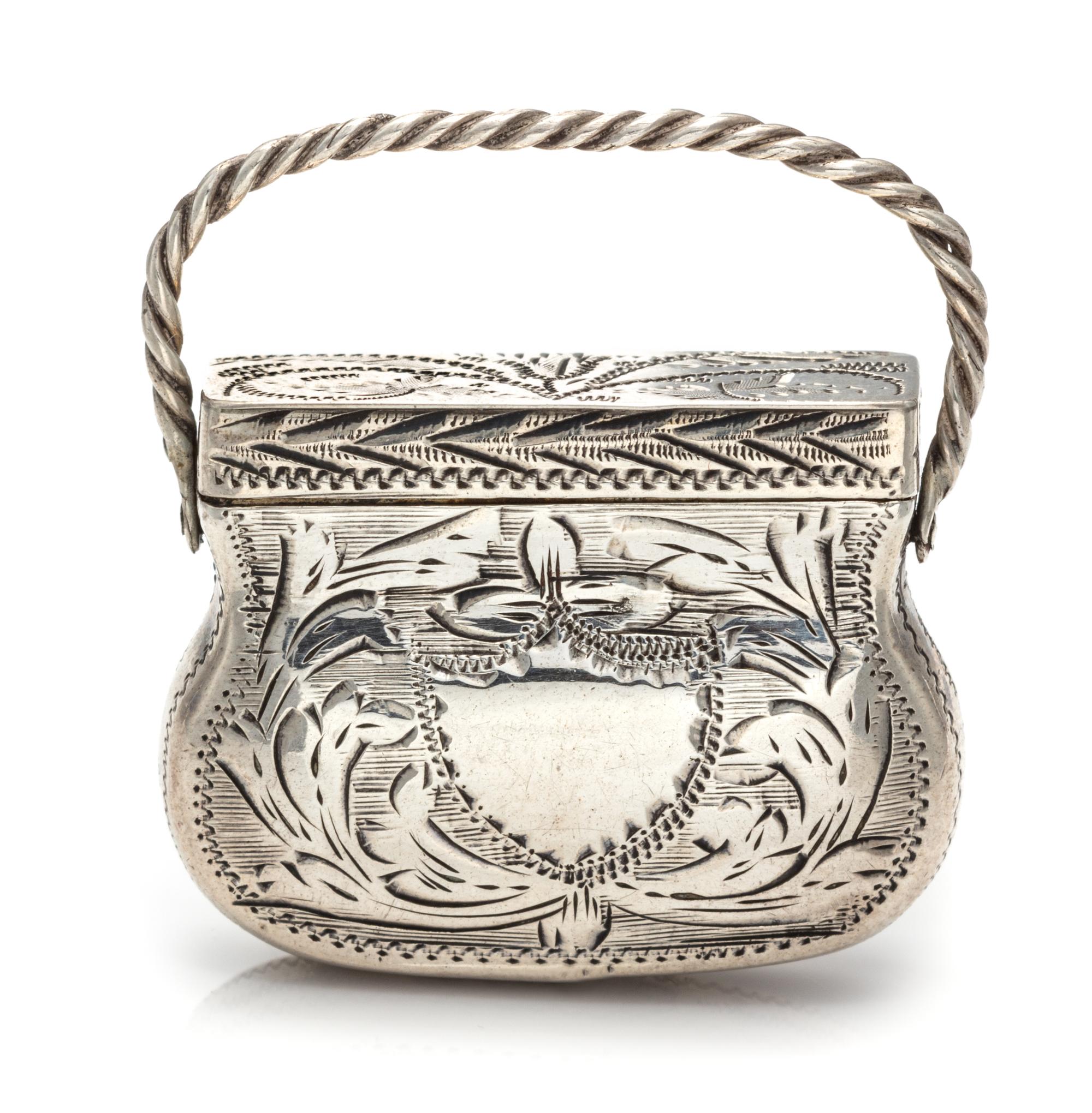 A George III Silver Vinaigrette, Maker's Mark GW, Birmingham, Likely 1768, in the form of a purse.