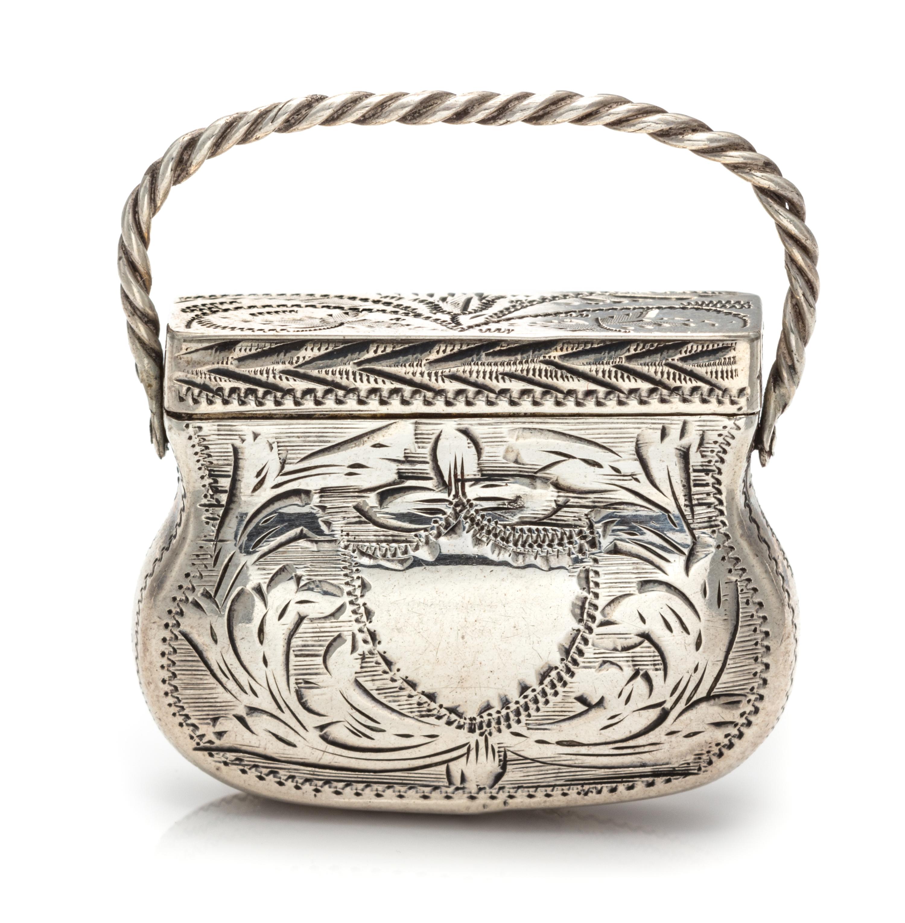 A George III Silver Vinaigrette, Maker's Mark GW, Birmingham, Likely 1768, in the form of a purse.