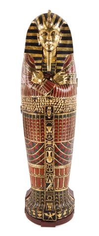 An Egyptian Style Painted Composition Sarcophagus Cabinet Height 74 1/2 inches. — 20TH CENTURY