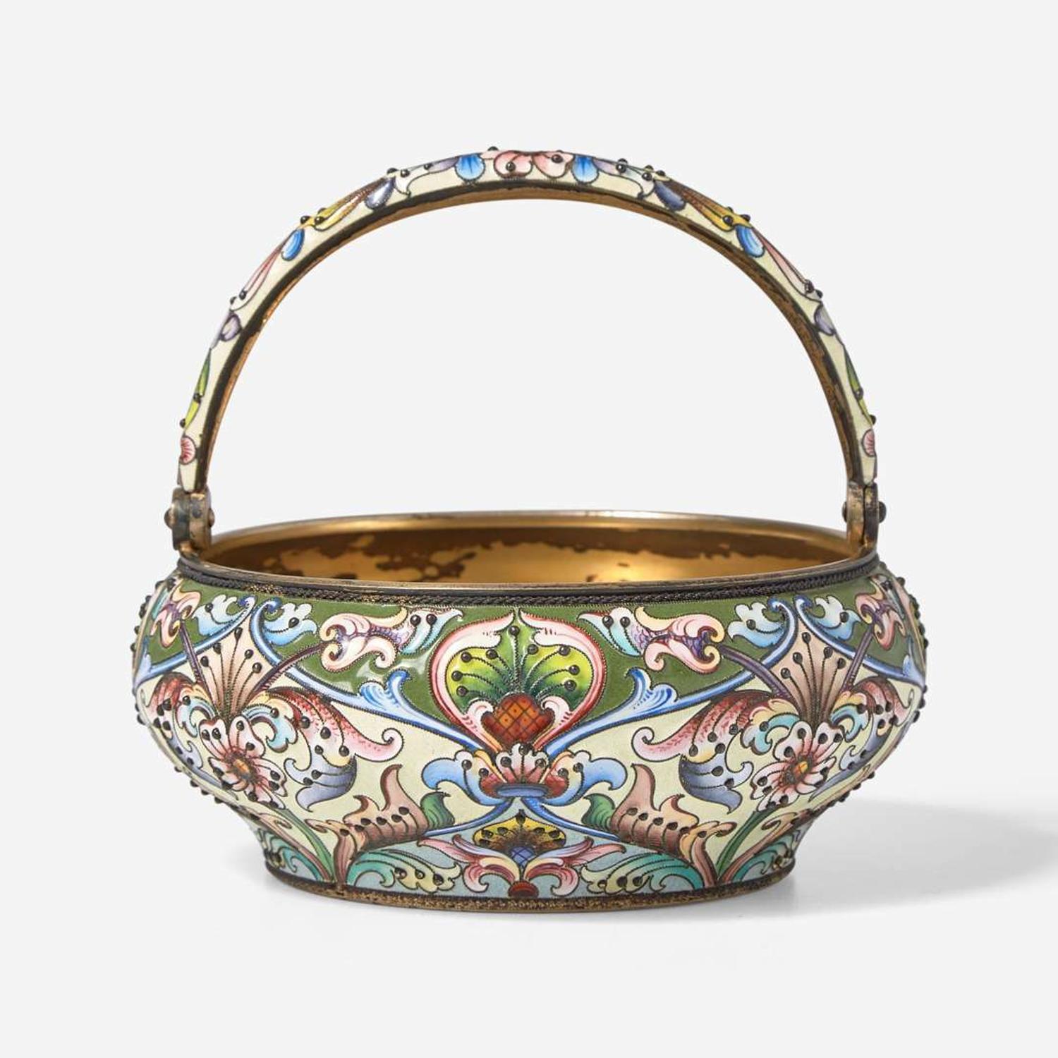 A Russian silver gilt and shaded enamel basket Bearing marks for Maria Semenova, Moscow, 1908-1917
