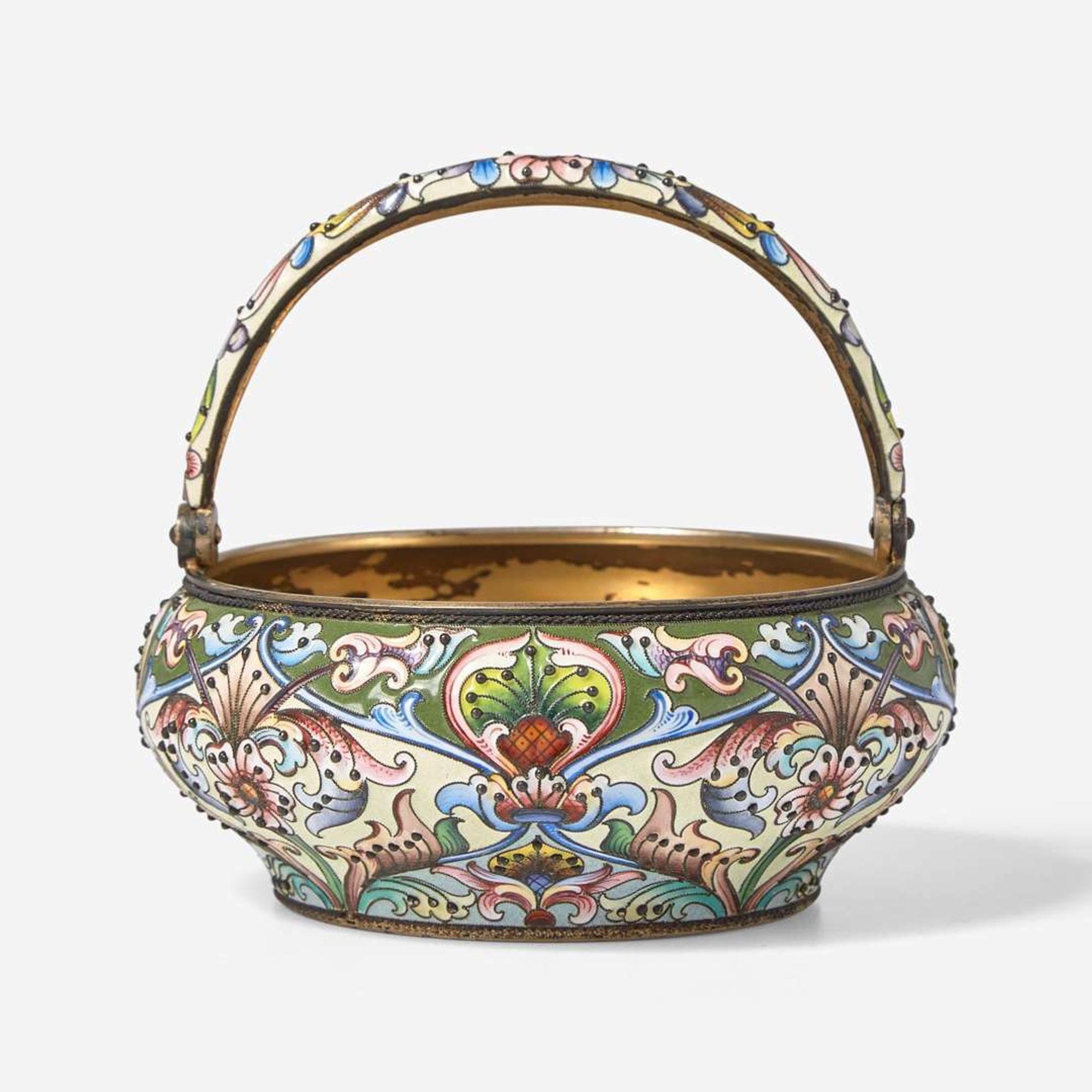 A Russian silver gilt and shaded enamel basket Bearing marks for Maria Semenova, Moscow, 1908-1917