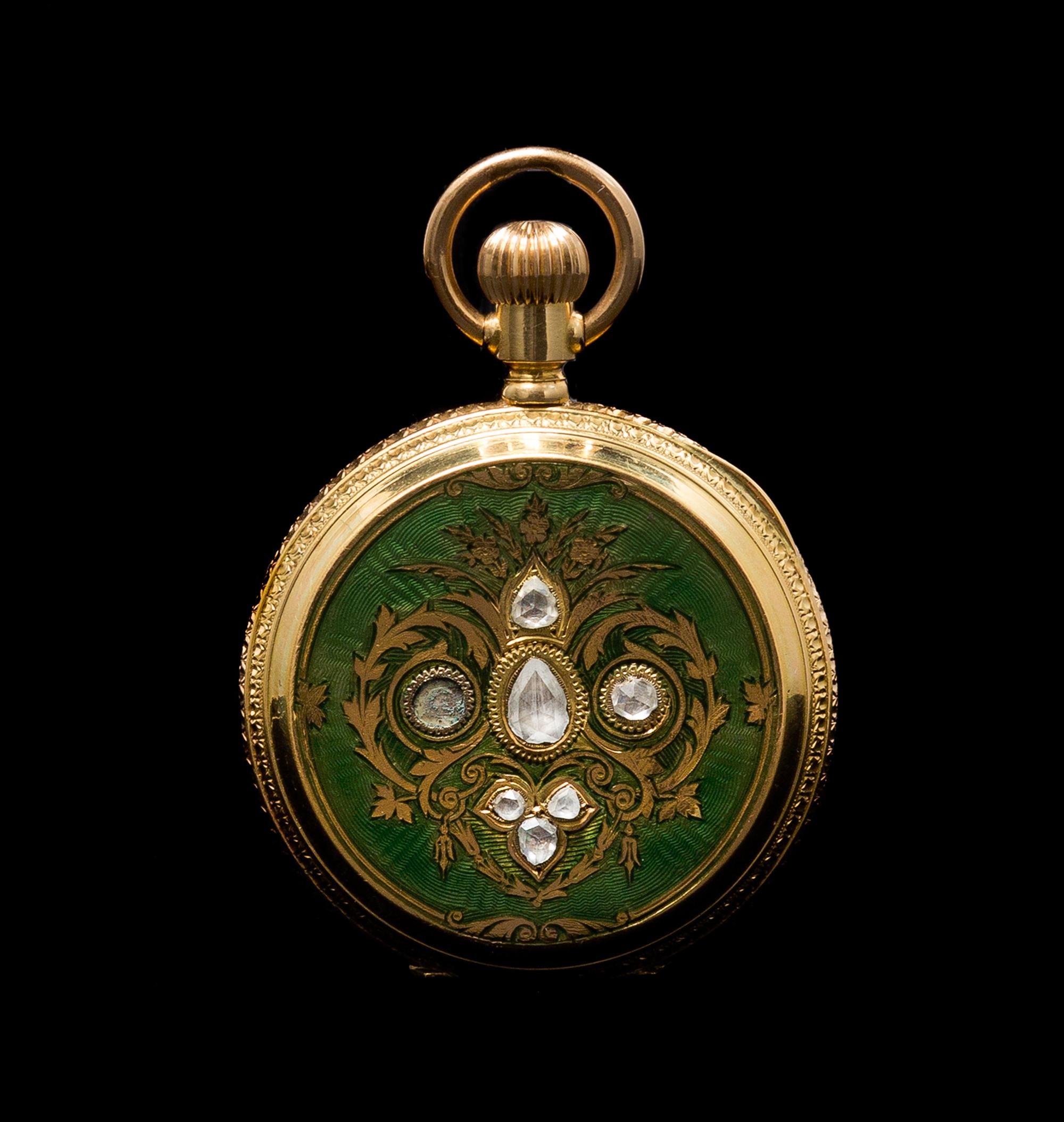 An 18 Karat Yellow Gold, Polychrome Enamel and Diamond Hunter Case Pocket Watch for the Ottoman Market, Bautte Geneve,