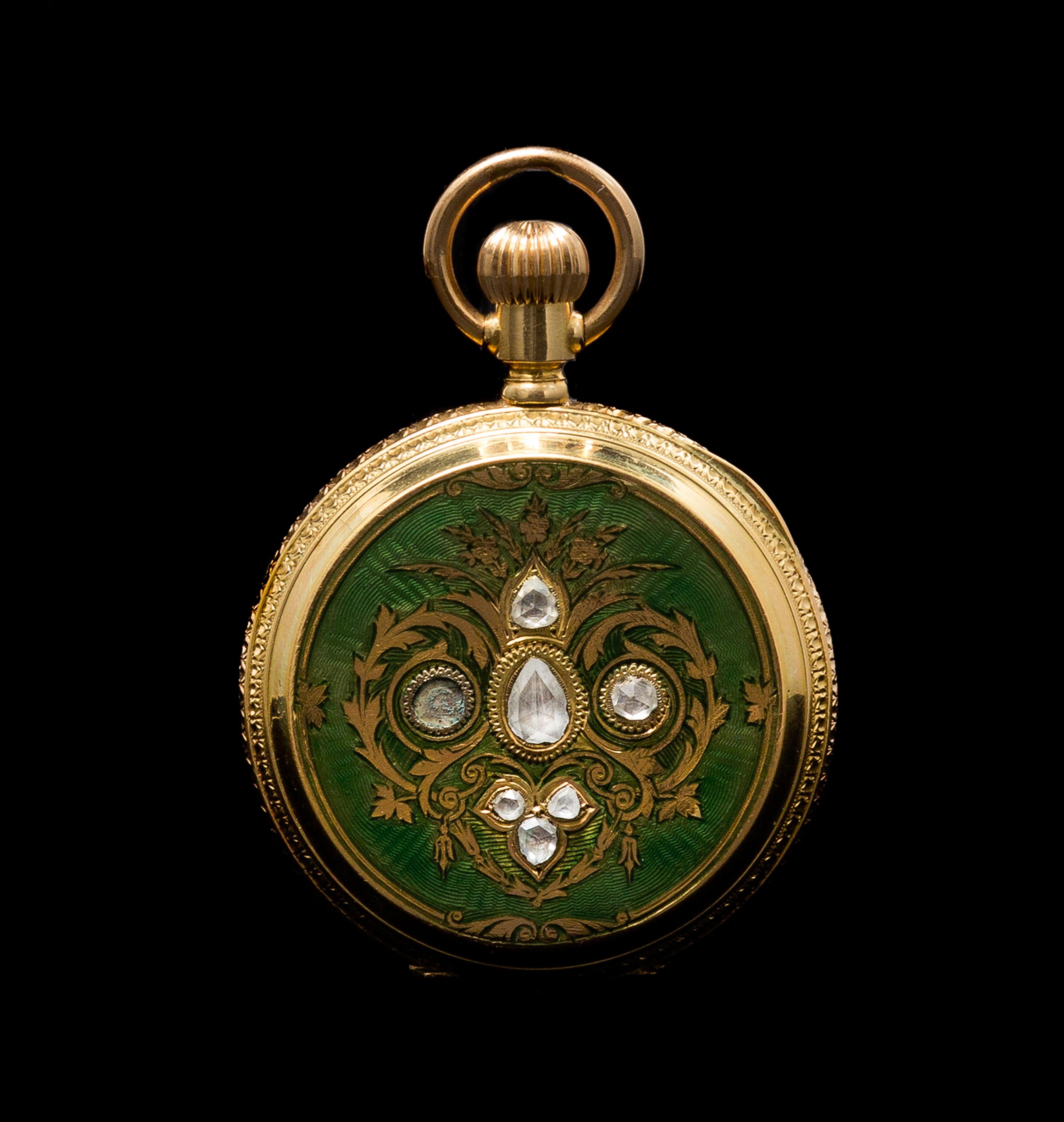 An 18 Karat Yellow Gold, Polychrome Enamel and Diamond Hunter Case Pocket Watch for the Ottoman Market, Bautte Geneve,