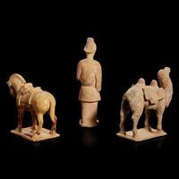 Three Chinese pottery figures of an attendant, a horse and a camel