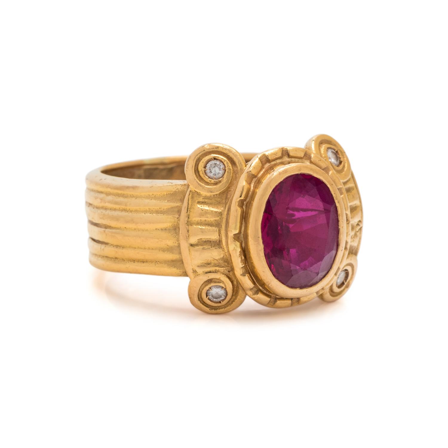 HIGH KARAT GOLD, GLASS FILLED RUBY AND DIAMOND RING