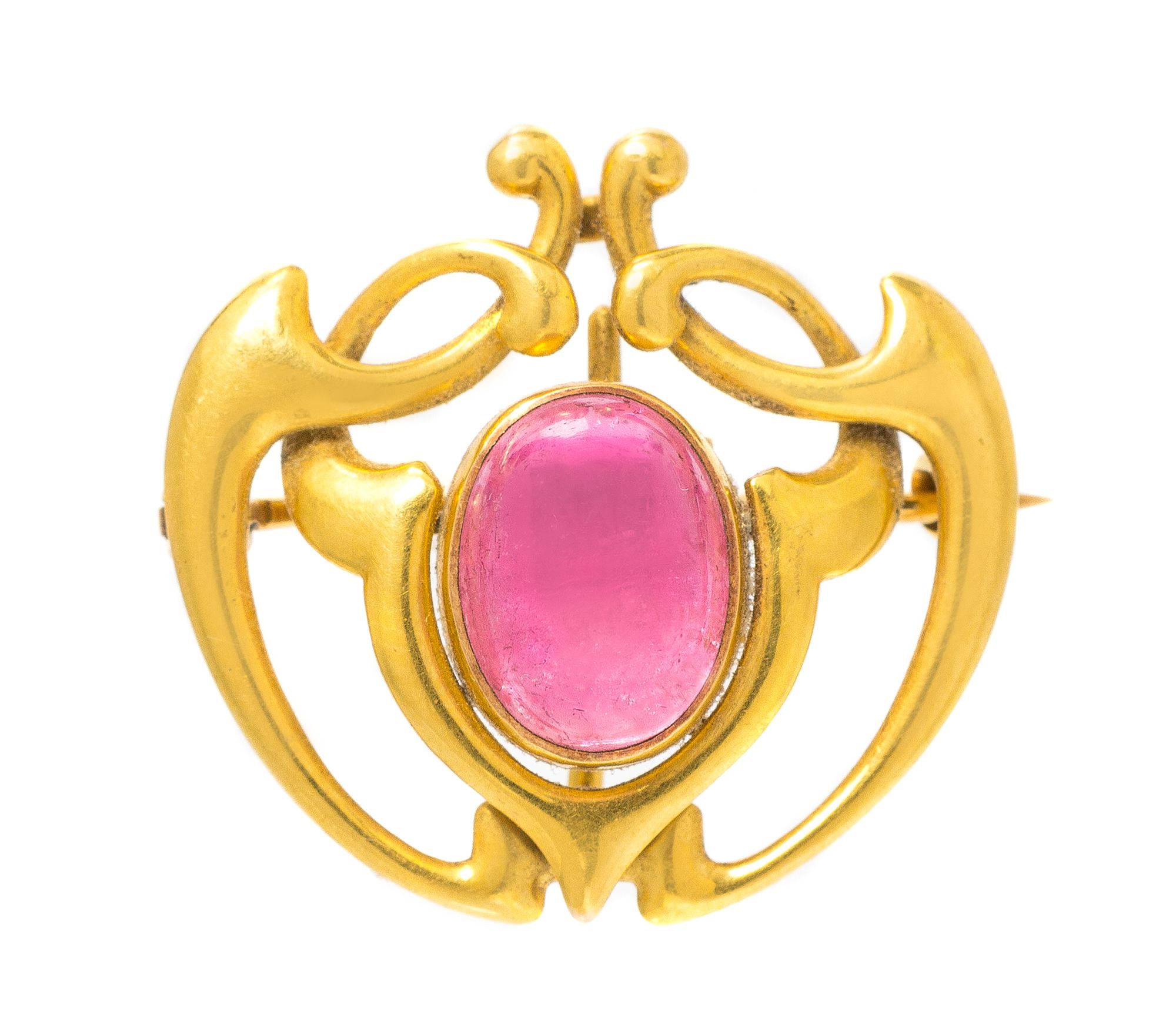 An Art Nouveau Yellow Gold and Pink Tourmaline Pendant/Brooch, 2.70 dwts.
