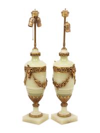 A Pair of Continental Gilt Metal Mounted Onyx Urns Mounted as Lamps
