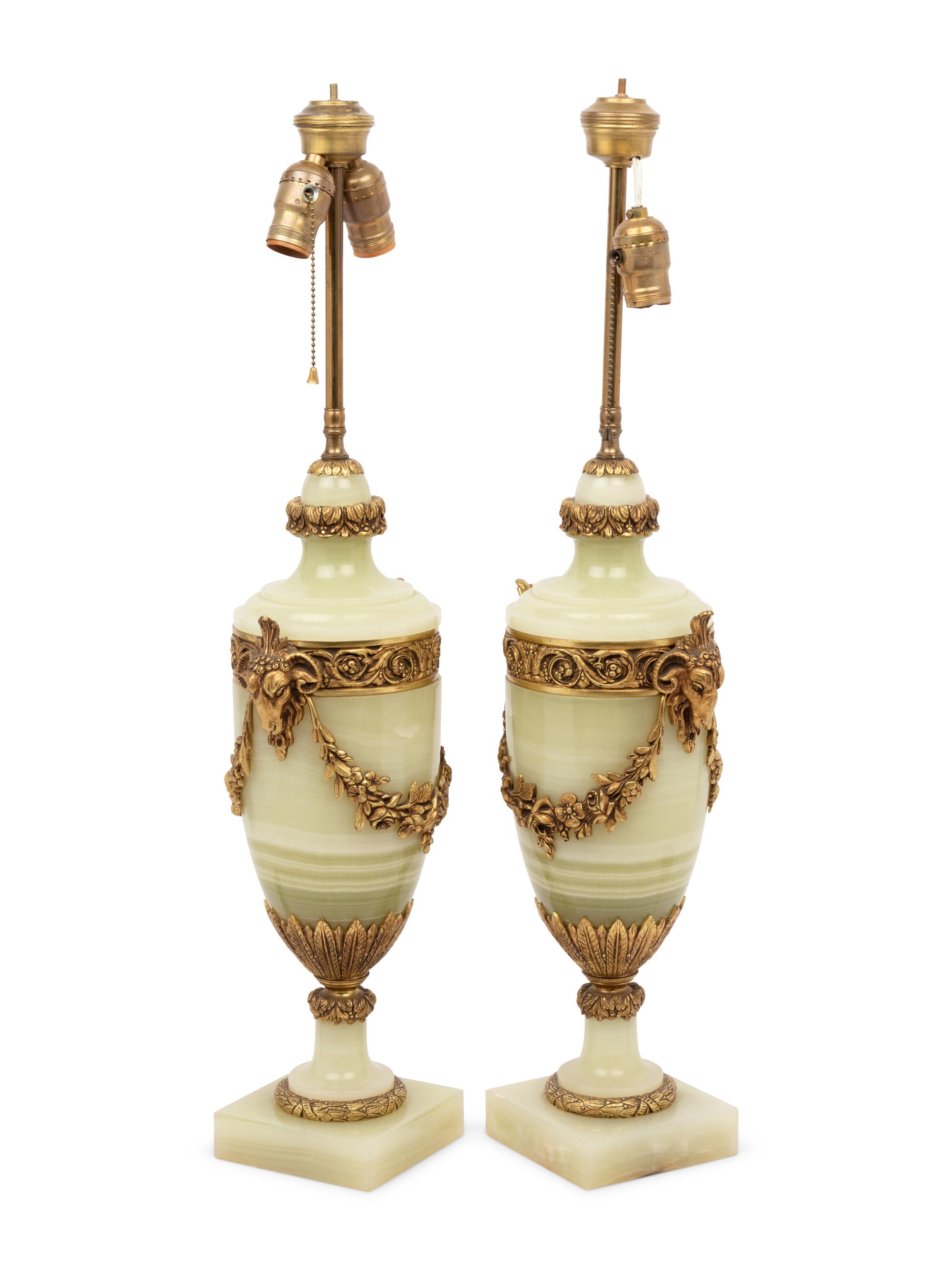 A Pair of Continental Gilt Metal Mounted Onyx Urns Mounted as Lamps