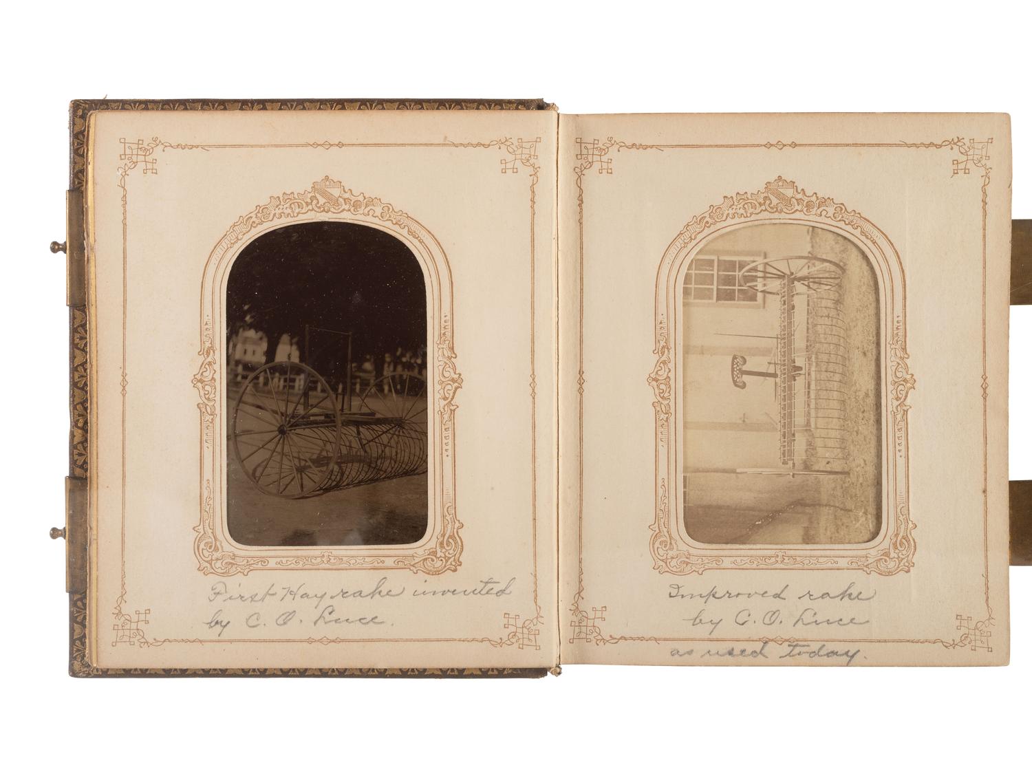 [EARLY PHOTOGRAPHY]. CDV album related to Curtis O. Luce, inventor of agricultural implements, incl. images of his hay rakes.