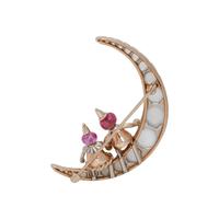 RETRO, TRICOLOR GOLD, MOONSTONE AND RUBY CRESCENT BROOCH