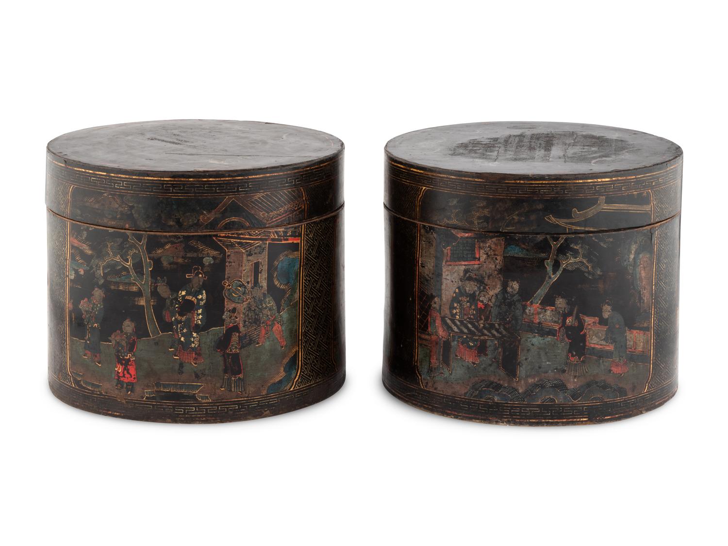 A Pair of Chinese Export Black Lacquer Circular Boxes