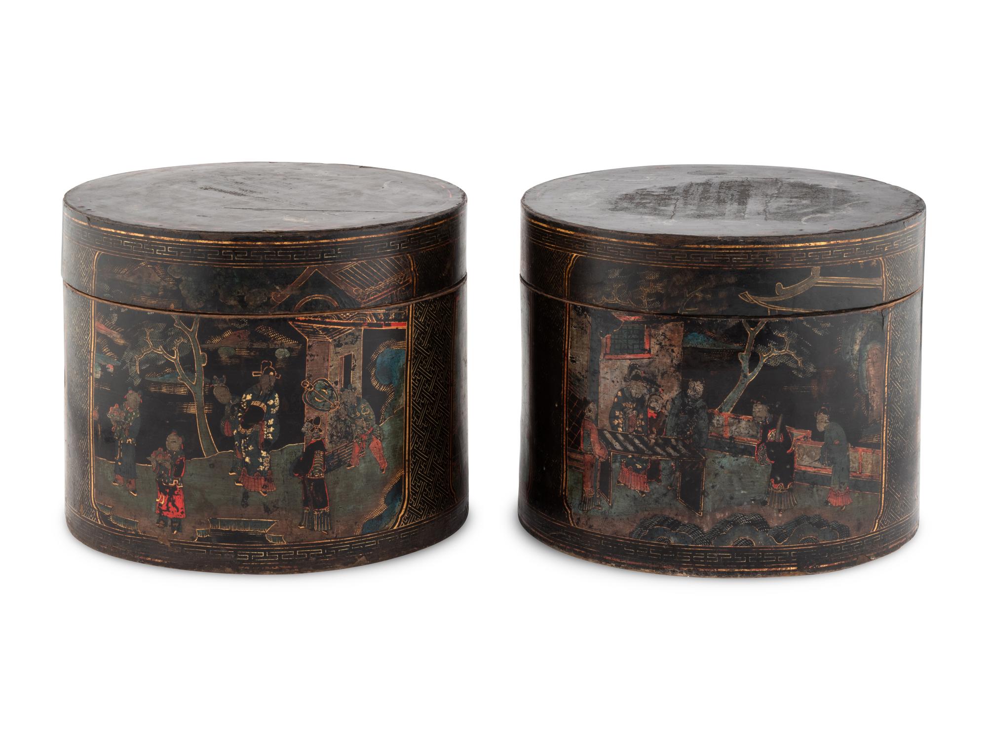 A Pair of Chinese Export Black Lacquer Circular Boxes