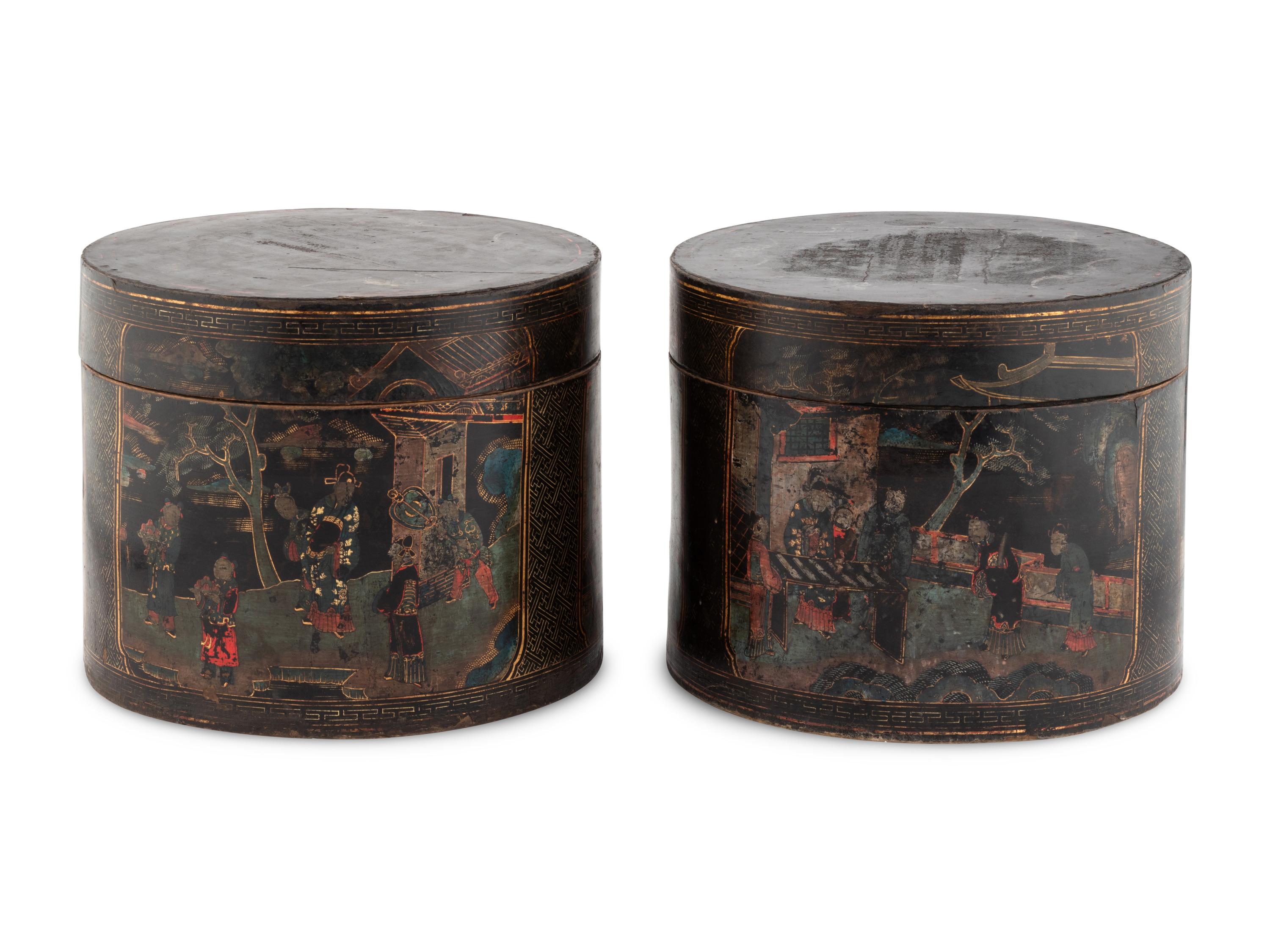 A Pair of Chinese Export Black Lacquer Circular Boxes