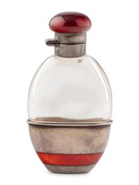 A Russian Silver, Guilloché Enamel and Glass Flask
