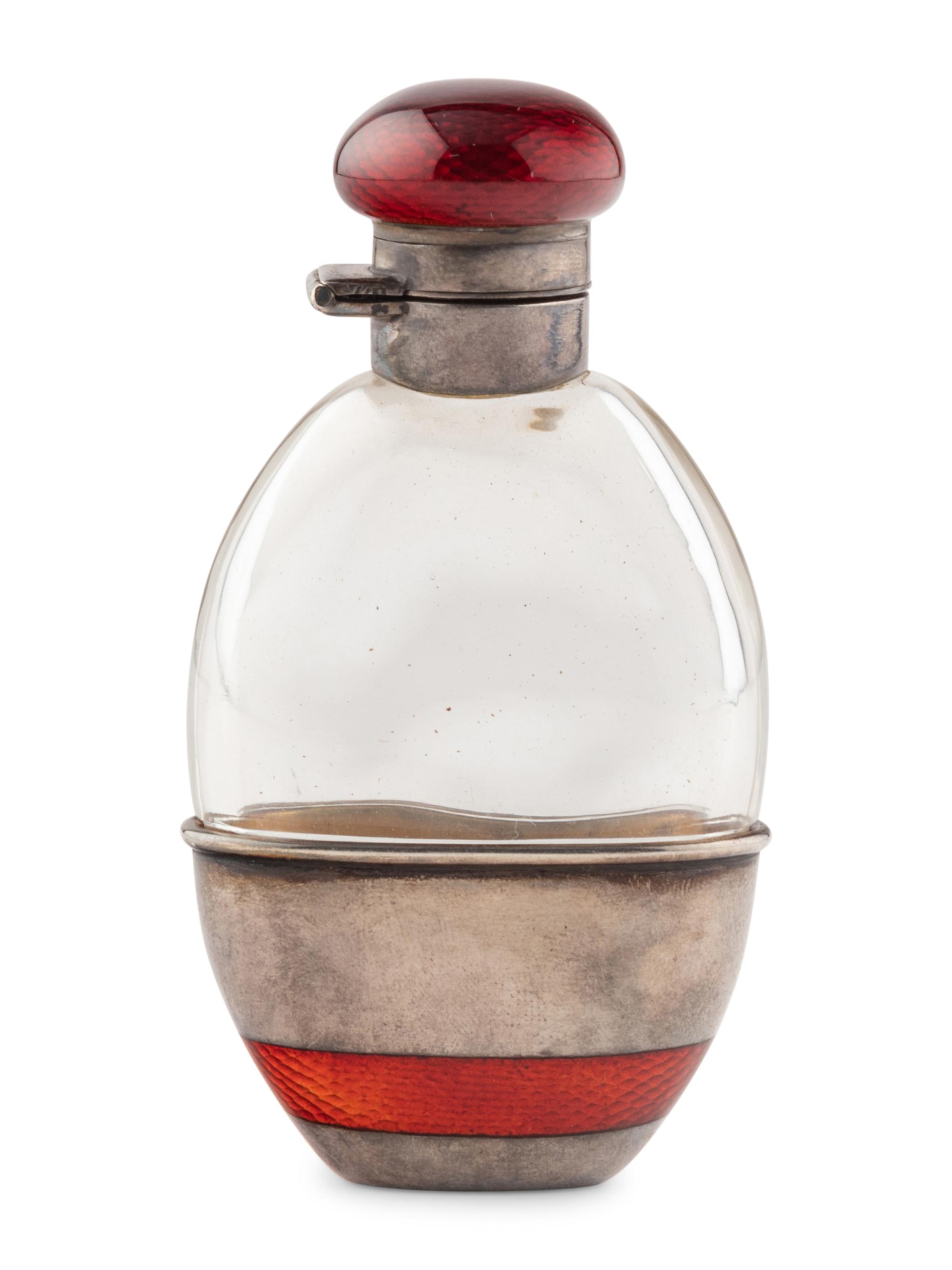 A Russian Silver, Guilloché Enamel and Glass Flask