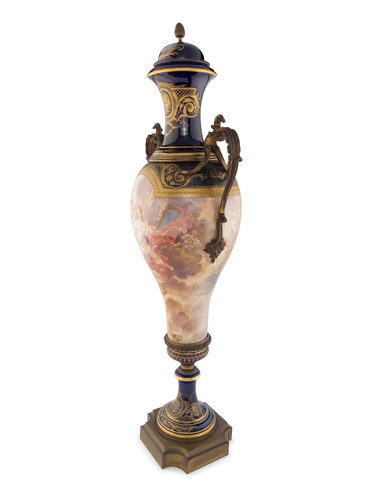 A Monumental Sèvres Style Gilt Bronze Mounted Porcelain Palace Vase