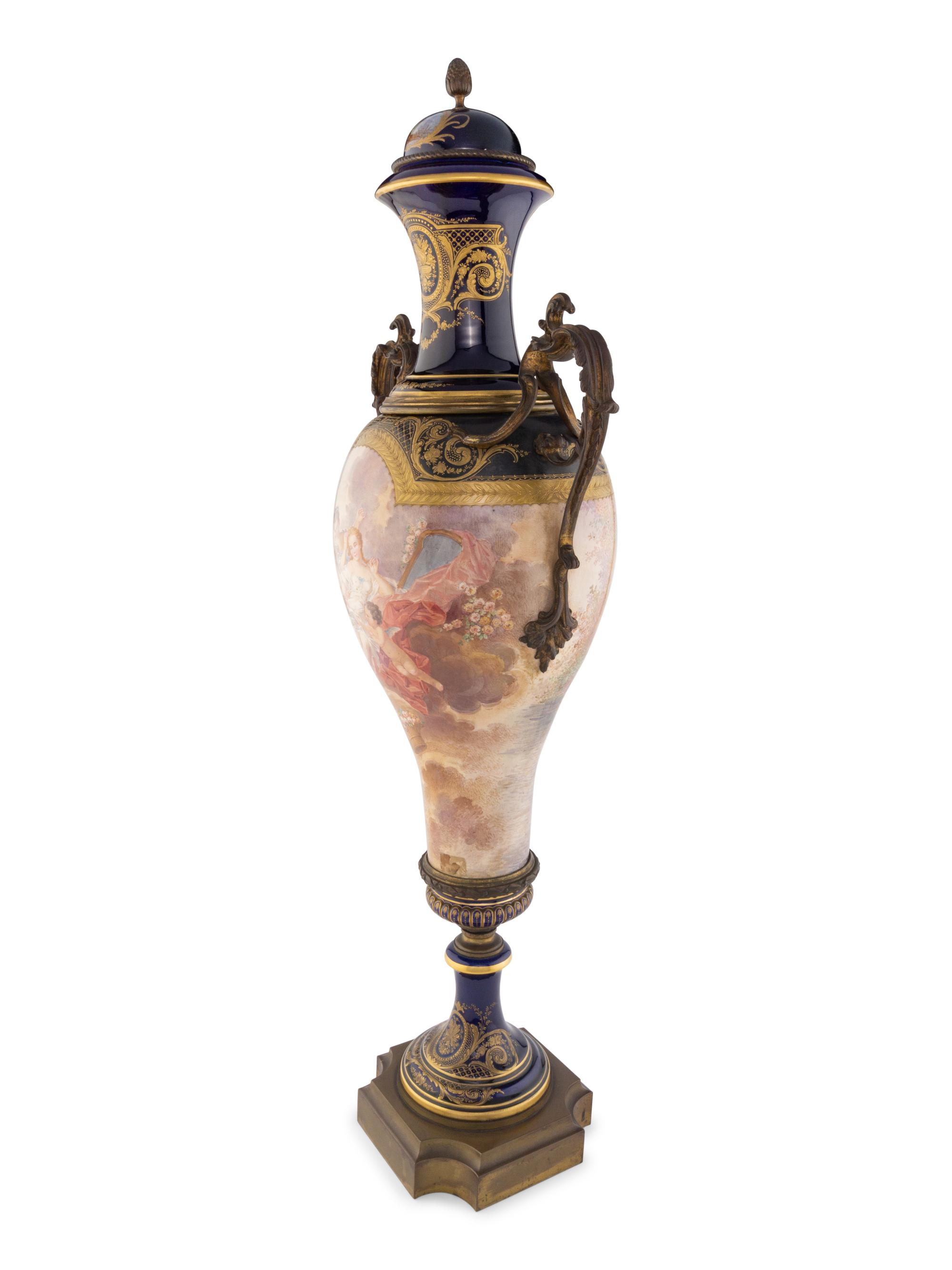 A Monumental Sèvres Style Gilt Bronze Mounted Porcelain Palace Vase