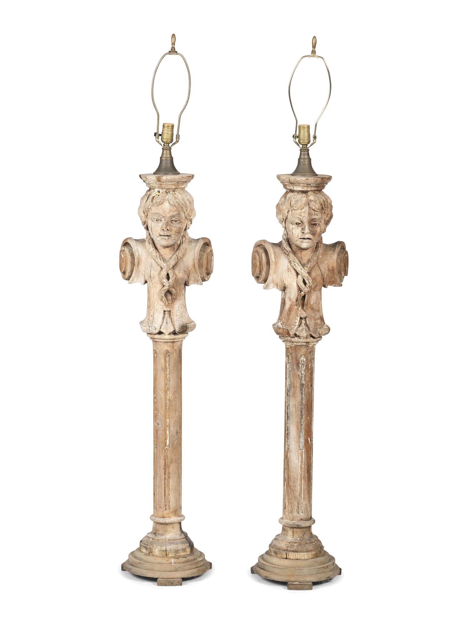 Three Carved and Painted Wood Column Busts