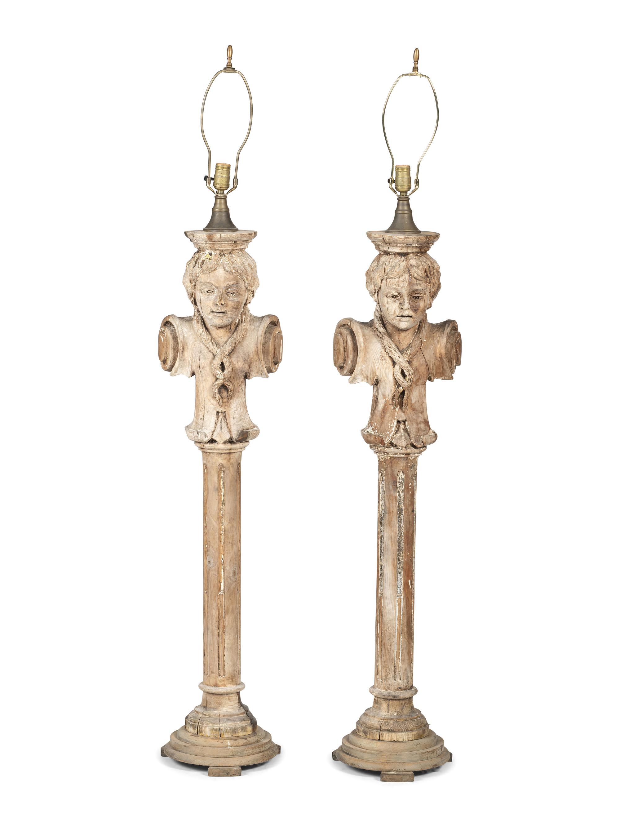 Three Carved and Painted Wood Column Busts