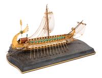 A German 18-Karat Yellow Gold, Rock Crystal, Enameled, Diamond, Emerald and Sapphire Inset Model of a Roman Galley