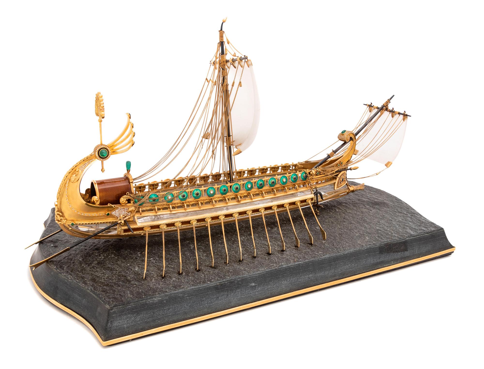 A German 18-Karat Yellow Gold, Rock Crystal, Enameled, Diamond, Emerald and Sapphire Inset Model of a Roman Galley