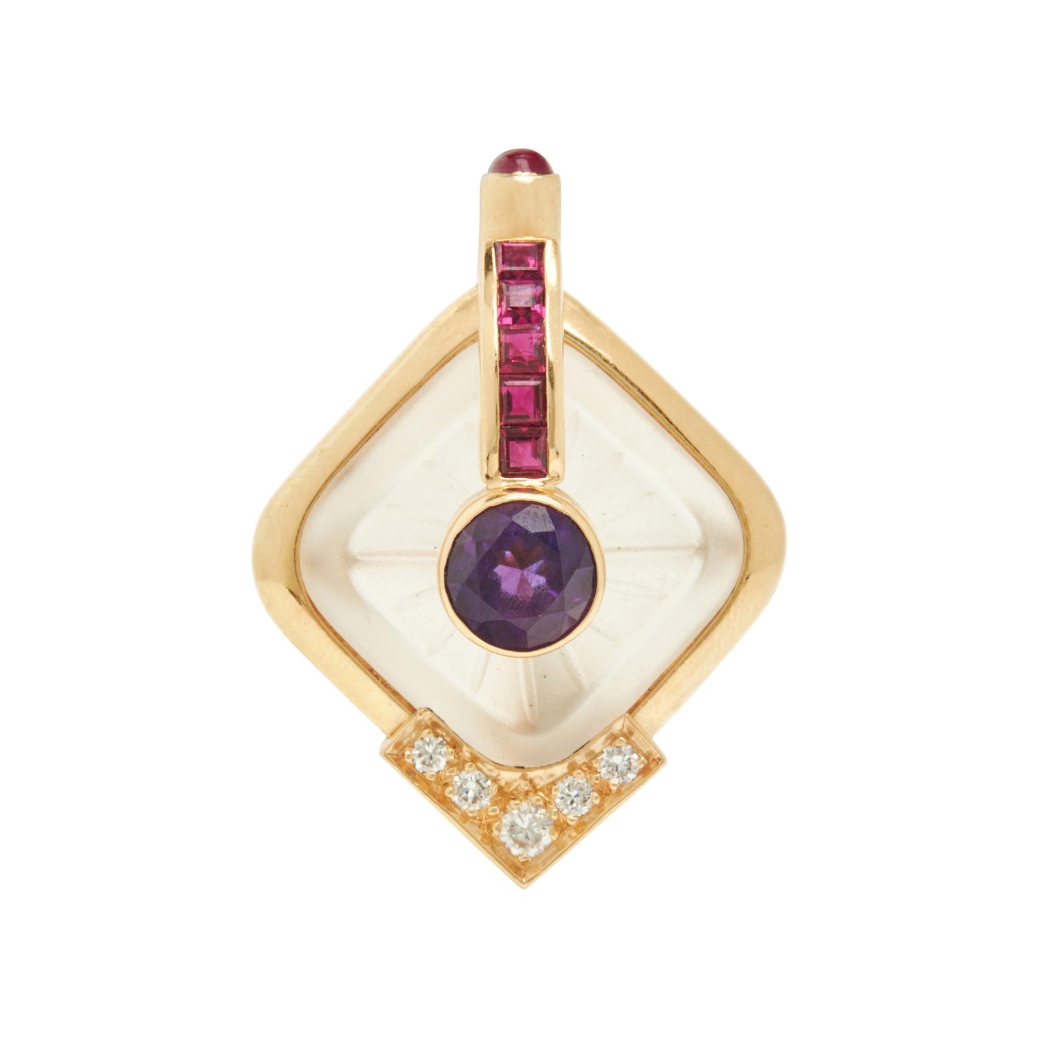 LAGOS, ROCK CRYSTAL QUARTZ AND GEMSTONE BROOCH