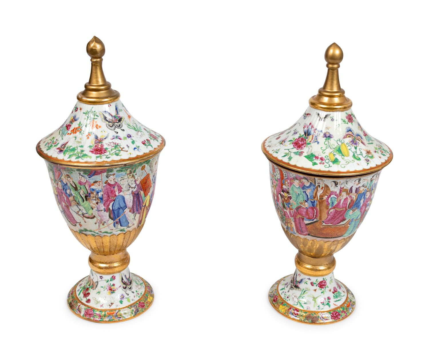 A Pair of Large Chinese Famille Rose Porcelain Covered Urns