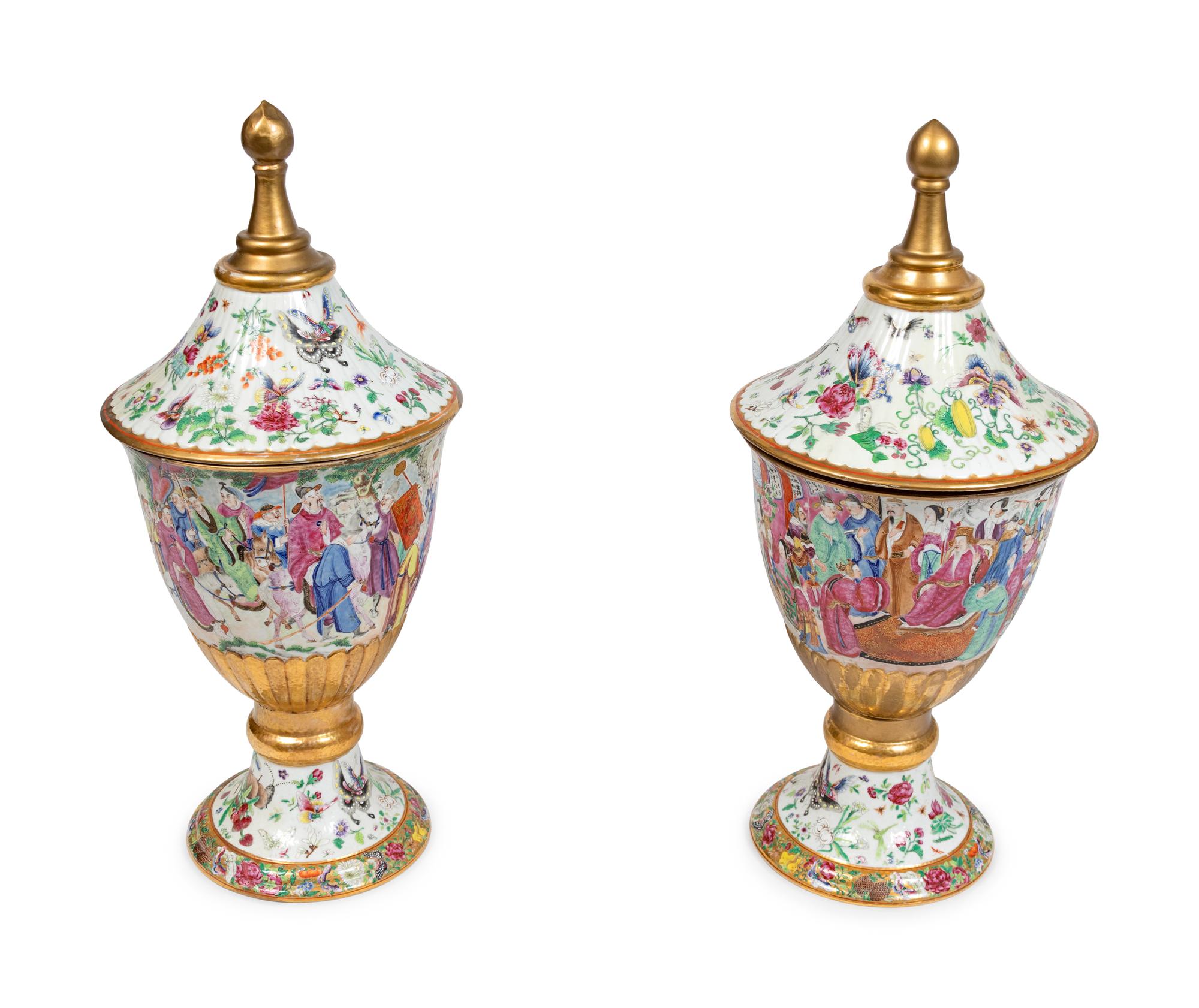 A Pair of Large Chinese Famille Rose Porcelain Covered Urns