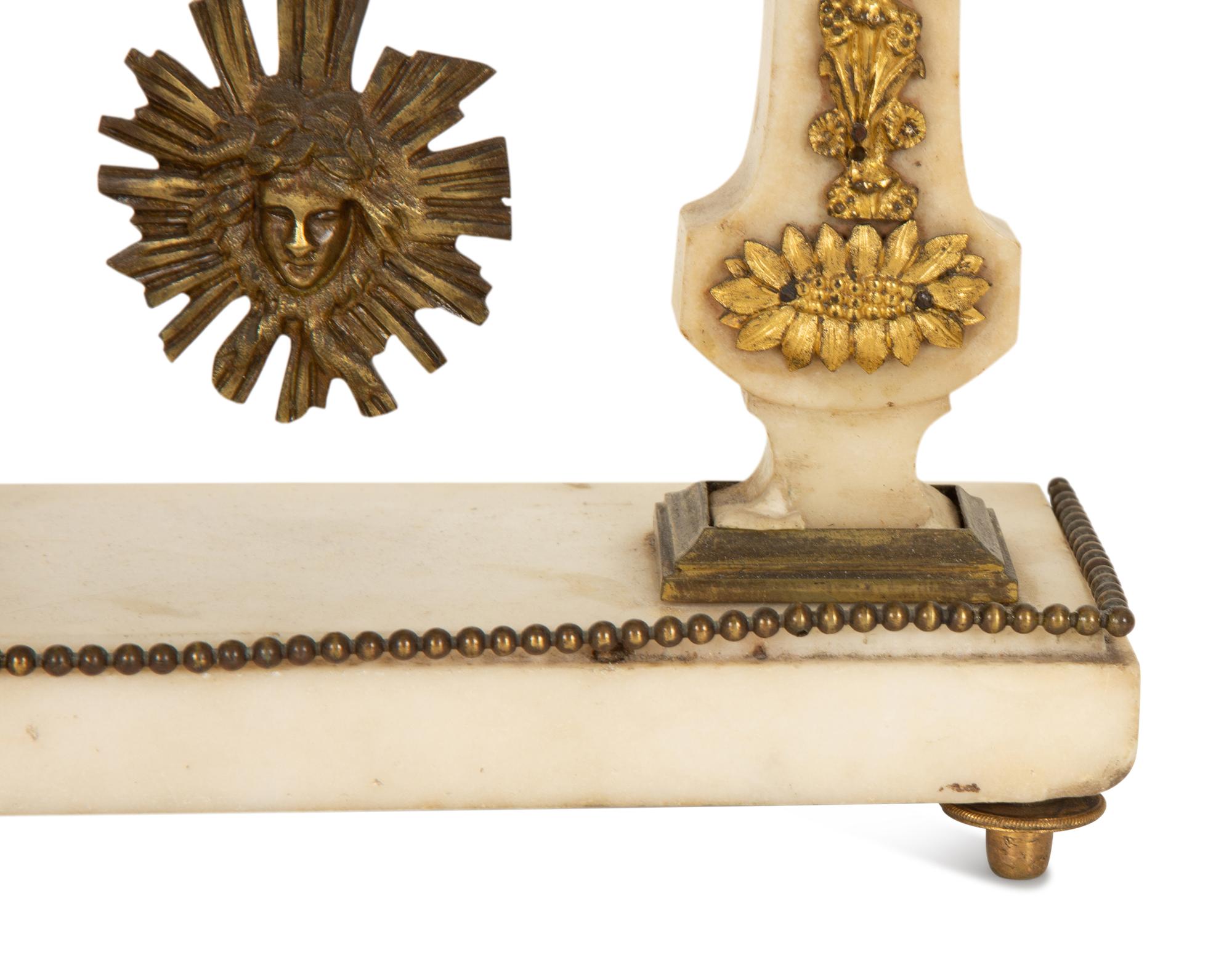 A Neoclassical White Marble and Gilt Bronze Portico Clock