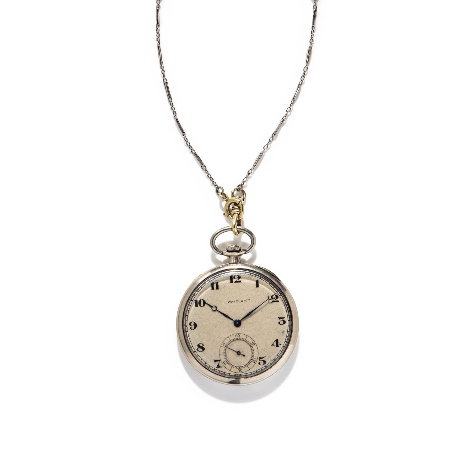 WALTHAM, WHITE GOLD POCKET WATCH WITH PLATINUM AND SEED PEARL CHAIN
