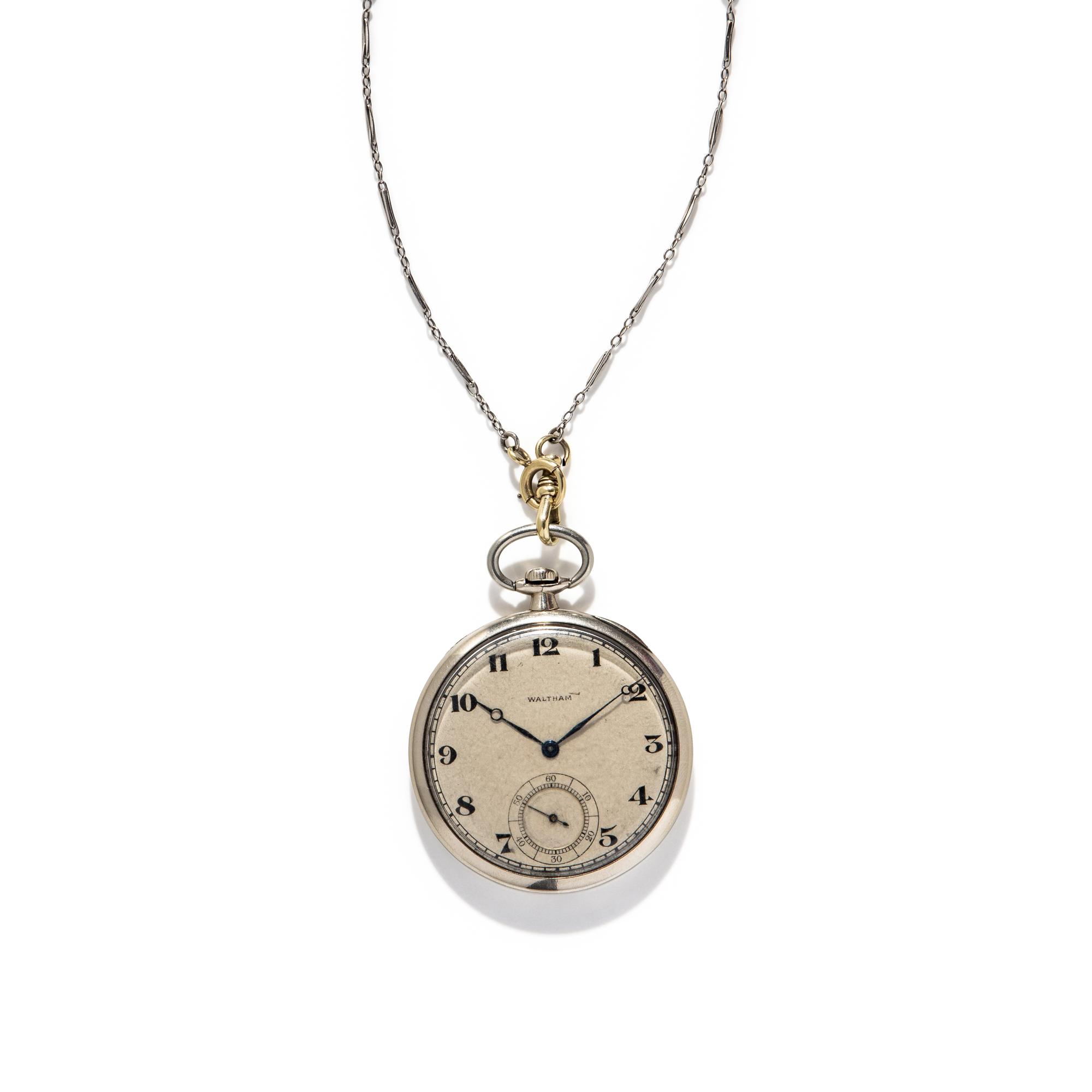 WALTHAM, WHITE GOLD POCKET WATCH WITH PLATINUM AND SEED PEARL CHAIN